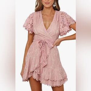 Womens Summer Wrap V Neck Floral Lace Pom Poms Bowknot Mini Short S